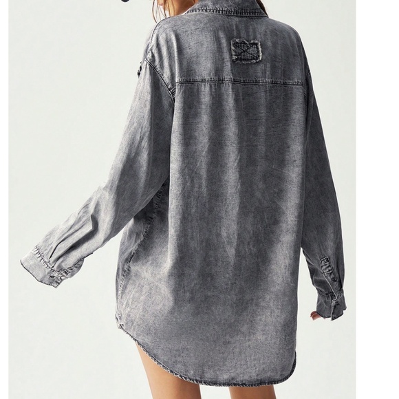 Mineral Wash Floral Applique Button Down Oversized Shirt - Picture 6 of 7